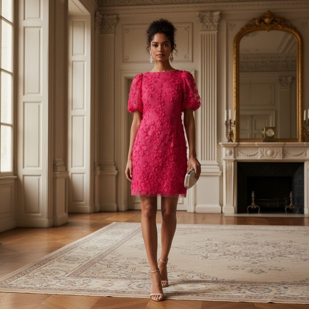 Eliza J Women’s Pink Floral Appliqué Puff‑Sleeve Cocktail Dress Size 4 NWT